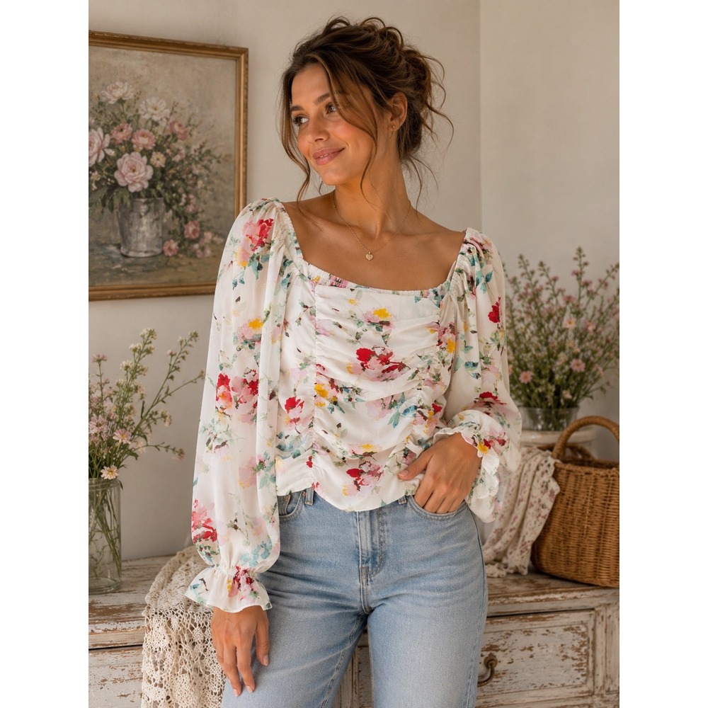 Floral Ruched Sheer Blouse Cottagecore Mikmaid Puff Sleeve Romantic Top XS